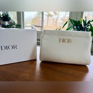 Dior GWP Cream Velour Cosmetic Bag with gold branding. New in box. Seals intact